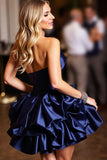 Navy A Line Tiered Satin Short Prom Dress