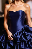 Navy A Line Tiered Satin Short Prom Dress