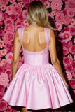 Sparkly A Line Pink Beaded Short Prom Dress With Bow