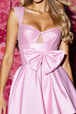 Sparkly A Line Pink Beaded Short Prom Dress With Bow