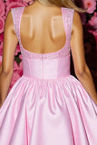 Sparkly A Line Pink Beaded Short Prom Dress With Bow