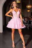 Pink Halter Tiered A Line Short Prom Dress With Sequins