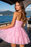Pink Halter Tiered A Line Short Prom Dress With Sequins