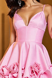 Pink Ruffled A Line V Neck Short Prom Dress With 3D Flowers