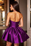 Halter Dark Purple A Line Mini Cocktail Dress With Sequins