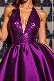 Halter Dark Purple A Line Mini Cocktail Dress With Sequins