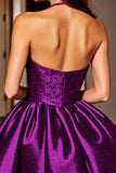 Halter Dark Purple A Line Mini Cocktail Dress With Sequins