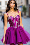 Dark Purple Beaded Spaghetti Straps Mini Party Dress