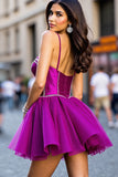 Dark Purple Beaded Spaghetti Straps Mini Party Dress
