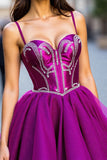 Dark Purple Beaded Spaghetti Straps Mini Party Dress