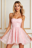 A Line Appliqued Strapless Pink Short Prom Dress