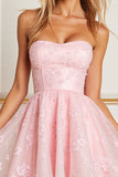 A Line Appliqued Strapless Pink Short Prom Dress