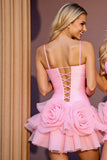 Pink A Line Ruched Short Prom Dress with 3D Flowers