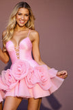 Pink A Line Ruched Short Prom Dress with 3D Flowers