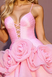 Pink A Line Ruched Short Prom Dress with 3D Flowers