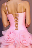 Pink A Line Ruched Short Prom Dress with 3D Flowers