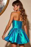 Blue Metallic Strapless Mini Cocktail Dress