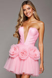 Strapless Pink A Line Short Prom Dress with 3D Flowers