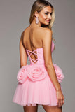 Strapless Pink A Line Short Prom Dress with 3D Flowers