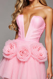 Strapless Pink A Line Short Prom Dress with 3D Flowers