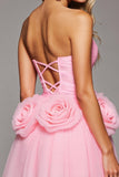 Strapless Pink A Line Short Prom Dress with 3D Flowers