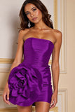 Strapless Ruched Dark Purple Short Prom Dress with 3D Flowers