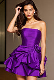 Strapless Ruffled Dark Purple Short Prom Dress with 3D Flowers