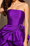 Strapless Ruffled Dark Purple Short Prom Dress with 3D Flowers