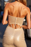 Golden Strapless Bodycon Mini Cocktail Dress