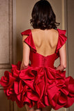 Tiered Red Ruffled Short Prom Dress with Beading