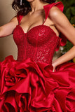 Tiered Red Ruffled Short Prom Dress with Beading
