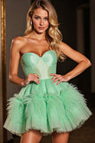 Green Strapless A Line Short Prom Dress with Feathers