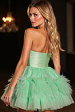 Green Strapless A Line Short Prom Dress with Feathers