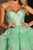 Green Strapless A Line Short Prom Dress with Feathers