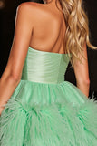 Green Strapless A Line Short Prom Dress with Feathers