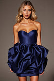 Strapless Navy Satin Short Prom Dress with Ruffles