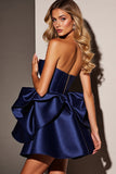 Strapless Navy Satin Short Prom Dress with Ruffles