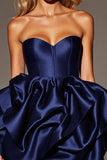 Strapless Navy Satin Short Prom Dress with Ruffles