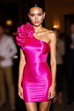 One Shoulder Ruffled Satin Cocktail Dress