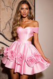 Off The Shoulder Pink Cut Out Short Prom Dress with 3D Flowers