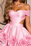 Off The Shoulder Pink Cut Out Short Prom Dress with 3D Flowers