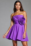 Strapless A Line Purple Short Prom Dress with 3D Flowers