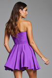 Strapless A Line Purple Short Prom Dress with 3D Flowers