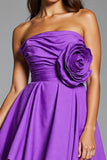 Strapless A Line Purple Short Prom Dress with 3D Flowers