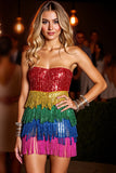 Red Fringed Strapless Short Prom Dress