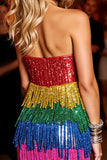 Red Fringed Strapless Short Prom Dress