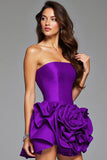 Ruffled Dark Purple Strapless Short Prom Dress with 3D Flowers