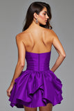 Ruffled Dark Purple Strapless Short Prom Dress with 3D Flowers