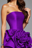 Ruffled Dark Purple Strapless Short Prom Dress with 3D Flowers