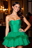 Strapless Dark Green Short Prom Dress with Feather
